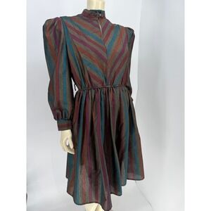 Vintage Young Dimension Striped Puff Shoulder Midi Dress 13 Multicolor 80s